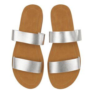 AOAOA Metallic Silver Double Strap Sandals – Size 10M NIB